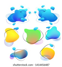 Liquid elements, mixed color plastic shapes or various organic bubbles for modern design. Abstract vector fluid gradients, splashes or blob brush doodles