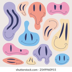 Liquid emoticons set. Hippie retro smiles. Emoji and emoticon. Back to 80s and 90s. Psychedelia and hallucination. Positivity and optimism. Flat vector collection isolated on beige background