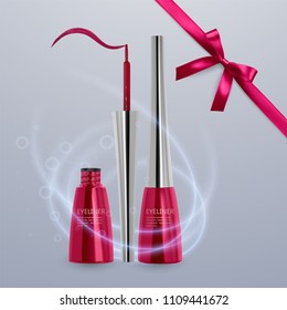Liquid eyeliner, set of bright red color, eyeliner product mockup for cosmetic use in 3d illustration, isolated on light background. Vector eps 10 illustration