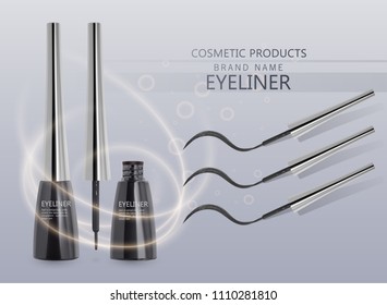 Liquid eyeliner set, eyeliner product mockup for cosmetic use in 3d illustration, isolated on light background. Vector illustration