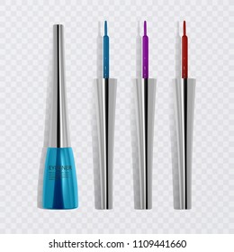 Liquid eyeliners, set of bright colorful eyeliners, product mockup for cosmetic use in 3d illustration, isolated on transperent background. Vector eps 10 illustration