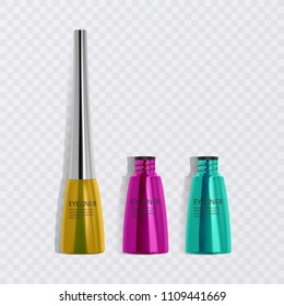 Liquid eyeliners, set of bright colorful eyeliners, product mockup for cosmetic use in 3d illustration, isolated on transperent background. Vector eps 10 illustration