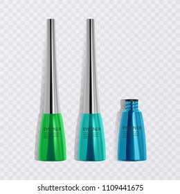 Liquid eyeliners, set of bright colorful eyeliners, product mockup for cosmetic use in 3d illustration, isolated on transperent background. Vector eps 10 illustration