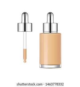 Liquid face foundation in a glass bottle with silver cap and pipette. Luxury cosmetics  serum package template. Vector mock up. Makeup beauty tools.