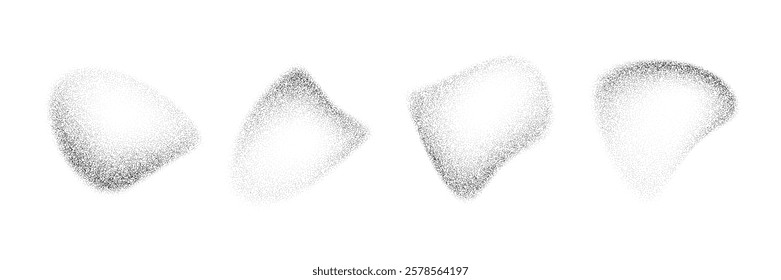 Liquid fading dotted gradient drop shapes. Black stippled object set. Grainy spray spots and stains. Noise splashes and splatters forms. Dissolve sand dust texture. Vector fluid halftone elements