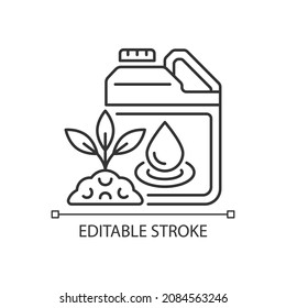 Liquid fertilizer linear icon. Fluid mixture of supplements. Pouring, spraying. Plants supplement. Thin line customizable illustration. Contour symbol. Vector isolated outline drawing. Editable stroke