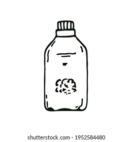 Abono líquido en una botella de plástico en forma de doodle. Jardinería. Plantilla para postal, banner, afiche, diseño web. Ilustración vectorial dibujada a mano.