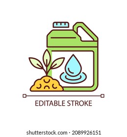 Liquid fertilizer RGB color icon. Fluid mixture of supplements. Pouring and spraying. Plants and crops supplement. Isolated vector illustration. Simple filled line drawing. Editable stroke