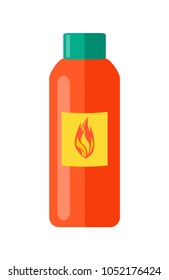 Liquid to fire in red bottle with yellow rectangle and flame icon on it along with blue-green lid isolated vector illustration on white background