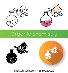 Liquid flask and test tube icon. Organic chemistry. Conducting laboratory experiment. Mixing, adding chemicals. Flat design, linear, black and color styles. Isolated vector illustrations