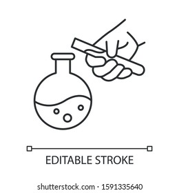 Liquid flask and test tube linear icon. Organic chemistry. Conducting experiment. Mixing chemicals. Thin line illustration. Contour symbol. Vector isolated outline drawing. Editable stroke