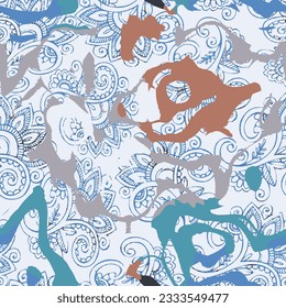 Liquid floral seamless repeat pattern. Color blue apricot orange turquoise abstract flowers in trendy style. Backdrop for cloth, dress, fabric, textile, texture or wrapping.