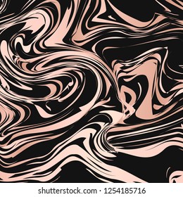 Liquid flow effect abstract background. Black and rose gold marble texture backdrop. Marbling surface vector illustration. Watercolor stains painting. Easy to edit template for your design projects.