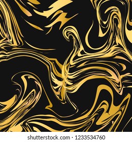 Liquid flow effect background. Black and gold marble texture abstract backdrop. Watercolor stains painting. Marbling surface vector illustration. Easy to edit template for your design projects.