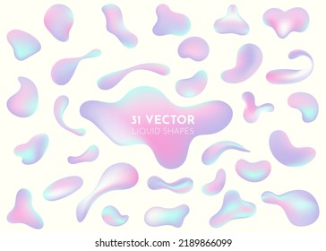 Liquid flow pastel purple, blue 3D neon lava lamp vector geometric set for banner, card or UI design. Gradient mesh bubble in the shape of a wave drop. 31 Fluid colorful abstract shapes collection