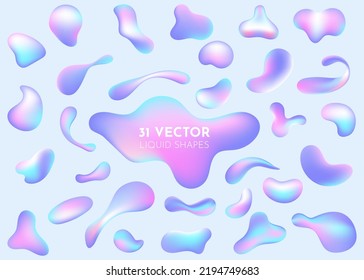 Liquid flow pastel purple, blue 3D neon lava lamp vector geometric set for banner, card or UI design. Gradient mesh bubble in the shape of a wave drop. 31 Fluid colorful abstract shapes collection