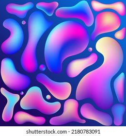 Liquid flow purple, blue 3D neon lava lamp vector geometric set for banner, card or UI design. Gradient mesh bubble in the shape of a wave drop. Fluid colorful abstract shapes.