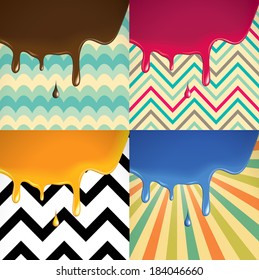 Liquid flowing on geometric vintage background in four variants. Vector illustration