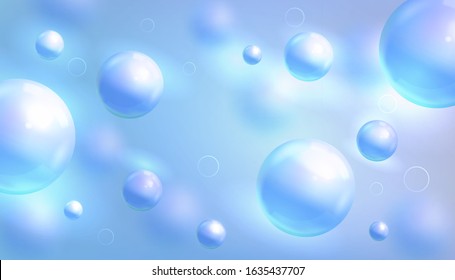Liquid fluid background with balls. Layout for cosmetic or medicine design. Blue balls, geometric elements. Trendy minimalist template, vector illustration