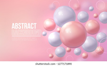 Liquid fluid background for cosmetic design. Pink and white balls, geometric elements. Trendy coral minimalist template, vector illustratio