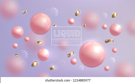 Liquid fluid background. Golden glitter drops, pink balls and geometric elements. Trendy minimalist template, vector illustration