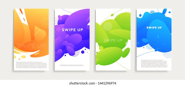 Liquid fluid banners backgrounds set for social media promo, flyers and brochures. Swipe up text for trendy design. Eps10 vector illustration
