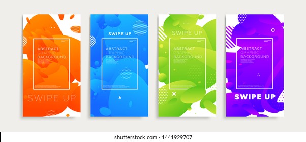 Liquid fluid banners backgrounds set for social media promo, flyers and brochures. Swipe up text for trendy design. Eps10 vector illustration