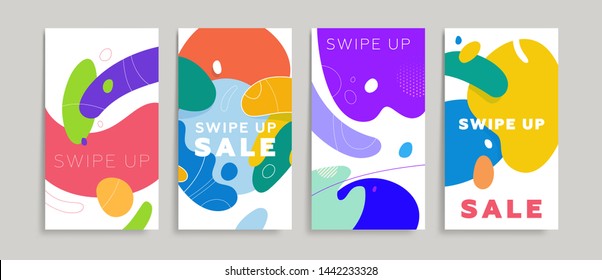 Liquid fluid banners backgrounds set for social media promo, sale flyers and brochures. Swipe up text for trendy design. Eps10 vector illustration