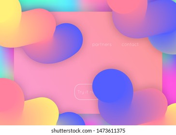 Liquid fluid. Cosmic website, interface frame. Vivid gradient mesh. Holographic 3d backdrop with modern trendy blend. Liquid fluid with dynamic elements and shapes. Landing page.