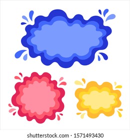 Liquid fluid flowing rounded shapes, text frames with uneven wavy edge. Water, paint puddle, stains, blot forms with splashes, colorful drops, blobs. Design elements, banner, poster backgrounds.