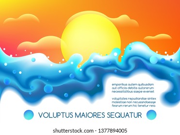 Liquid fluid futuristic landscape. Dynamic color seascape poster, colourful bright design landscape illustrations with motion minimal shapes