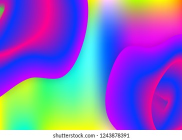 Liquid fluid. Holographic 3d backdrop with modern trendy blend. Vivid gradient mesh. Circle flyer, magazine design. Liquid fluid background with dynamic elements and shapes.