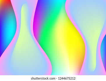 Liquid fluid. Holographic 3d backdrop with modern trendy blend. Rainbow poster, card design. Vivid gradient mesh. Liquid fluid background with dynamic elements and shapes.