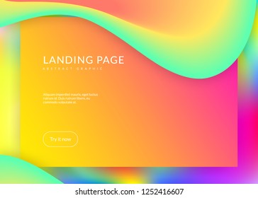 Liquid fluid. Holographic 3d backdrop with modern trendy blend. Pop screen, interface frame. Vivid gradient mesh. Liquid fluid with dynamic elements and shapes. Landing page.