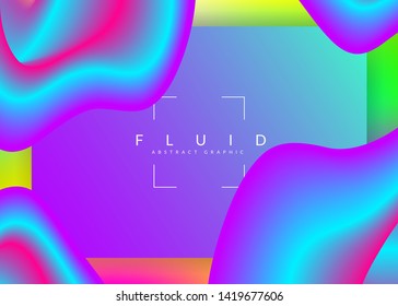 Liquid fluid. Holographic 3d backdrop with modern trendy blend. Vivid gradient mesh. Rainbow screen, banner frame. Liquid fluid with dynamic elements and shapes. Landing page.