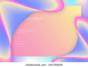 Liquid fluid. Holographic 3d backdrop with modern trendy blend. Vivid gradient mesh. Soft app, website design. Liquid fluid with dynamic elements and shapes. Landing page.