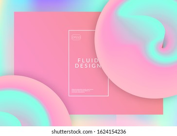 Liquid fluid. Holographic 3d backdrop with modern trendy blend. Colorful banner, app frame. Vivid gradient mesh. Liquid fluid with dynamic elements and shapes. Landing page.