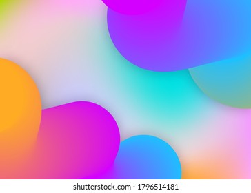 Flüssigkeiten. Holografische 3D-Umgebung mit moderner Trendmischung. Neonkarte, Flügelrahmen. Lebhaftes Farbverlauf-Netz. Flüssiger Hintergrund mit dynamischen Elementen und Formen.
