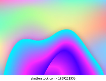 Liquid fluid. Holographic 3d backdrop with modern trendy blend. Vivid gradient mesh. Neon magazine, wallpaper design. Liquid fluid background with dynamic elements and shapes.