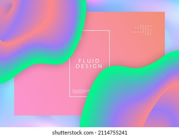 Liquid fluid. Holographic 3d backdrop with modern trendy blend. Vivid gradient mesh. Circle screen, website layout. Liquid fluid with dynamic elements and shapes. Landing page.