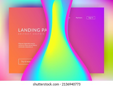Liquid fluid. Holographic 3d backdrop with modern trendy blend. Vivid gradient mesh. Psychedelic ui, banner layout. Liquid fluid with dynamic elements and shapes. Landing page.