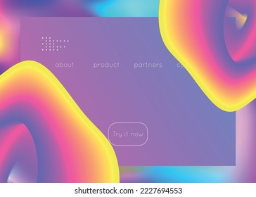 Liquid fluid. Holographic 3d backdrop with modern trendy blend. Vivid gradient mesh. Futuristic mobile, interface template. Liquid fluid with dynamic elements and shapes. Landing page.