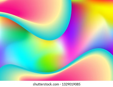 Liquid fluid. Pop poster, wallpaper template. Vivid gradient mesh. Holographic 3d backdrop with modern trendy blend. Liquid fluid background with dynamic elements and shapes.