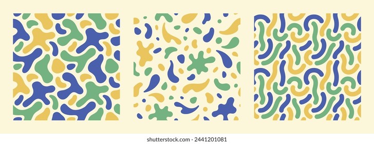 Líquido, fluido formas sin fisuras vector patrones establecidos. Gusanos, líneas ondulantes, salpicaduras, manchas de pintura redondeadas, manchas caóticas, manchas. Colores de moda retro natural. Colección de fondos abstractos