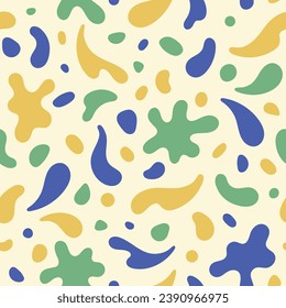 Formas líquidas, fluidas y desiguales, salpican un patrón vectorial de repetición sin fisuras. Manchas de pintura redondeadas, manchas, manchas, manchas, manchas. Colores naturales de moda. Fondo, interminable ilustración.