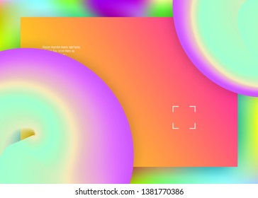 Liquid fluid. Vivid gradient mesh. Circle interface, app composition. Holographic 3d backdrop with modern trendy blend. Liquid fluid with dynamic elements and shapes. Landing page.