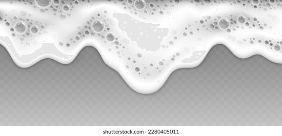 Cerveza de espuma líquida, flujo cosmético de loción fresca, fondo de shampoo realista. Lavado y limpieza, banner vectorial de jabón de espuma blanca