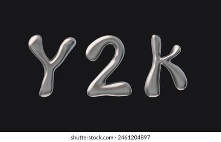 Liquid font with chrome surface y2k. Vector 3D set which consists of letters and numbers, denoting the Fashionable style of the 2000s. Great for futuristic design. Isolated black background.