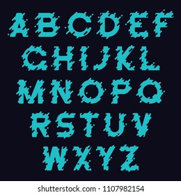 Liquid font design. Stylized alphabet with liquid splash, drops and rounded lines. Typography typeface. Vector illustration.