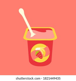 liquid food isolated symbol mash & pudding puree dessert icon. fresh baby breakfast. flavor strawberry & banana yoghurt cream on cup flat design vector. fruit yogurt smooth on pot product & spoon art